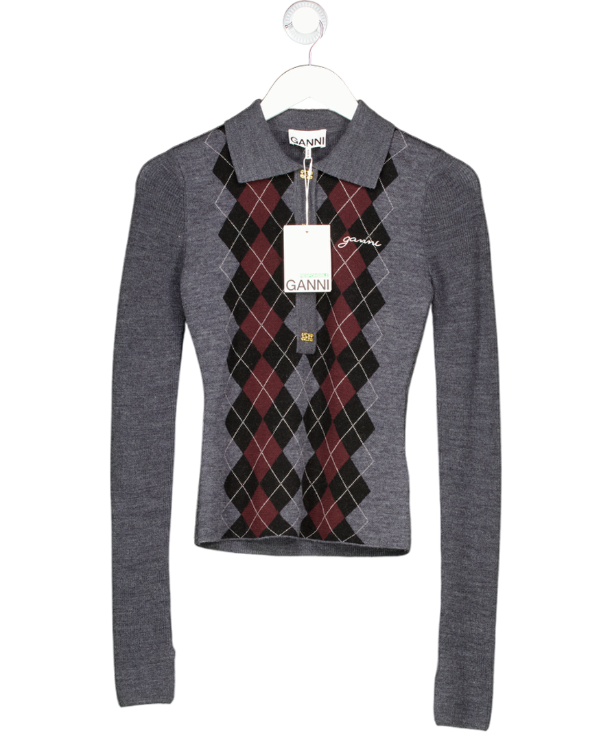 Ganni Grey Knitted Polo Shirt UK XS