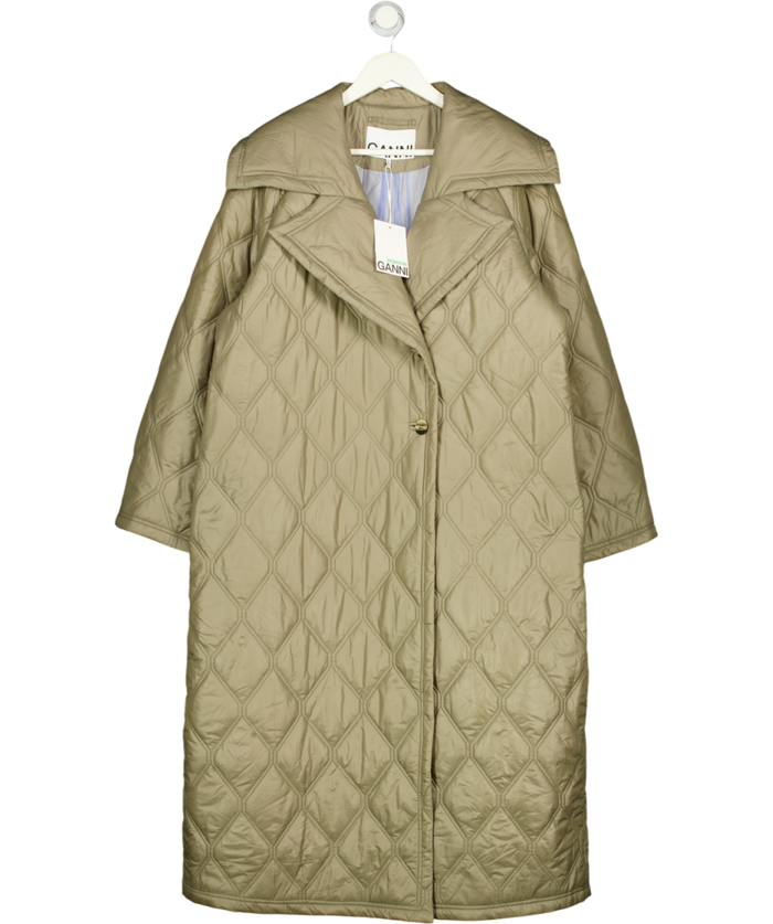 GANNI Pale Khaki Green Quilted Coat Dk42 UK 14