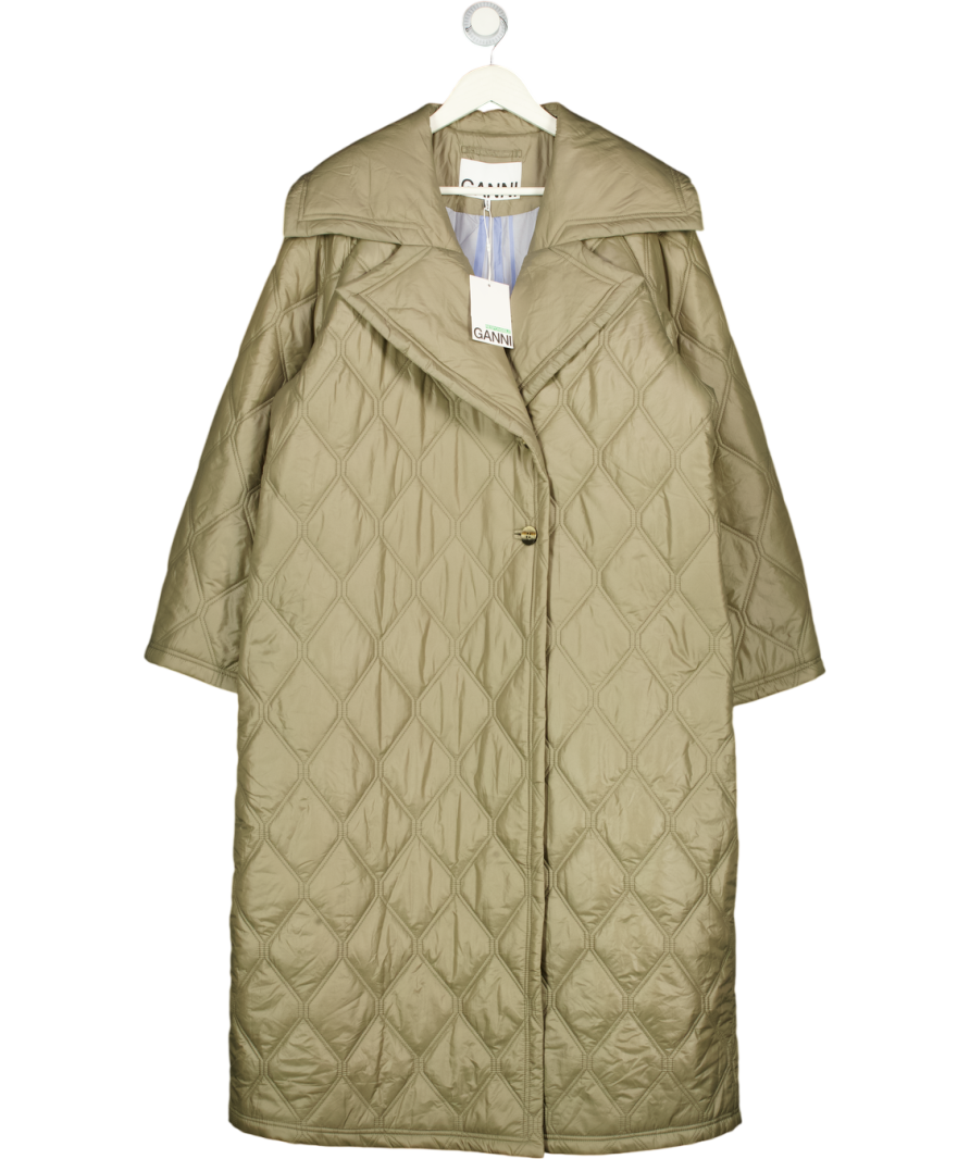 GANNI Pale Khaki Green Quilted Coat Dk42 UK 14