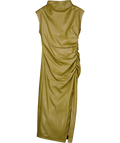 Anthropologie Green Faux Leather Ruched Cowl Neck Midi Dress UK 6