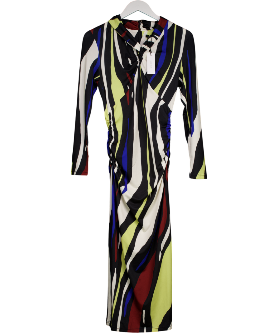 Karen Millen Multicoloured Zebra Print Ruched Detail High Neck Long Sleeve Crepe Midi Dress UK XS