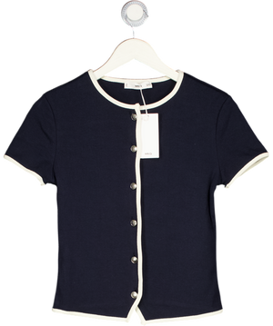 MANGO Navy Blue Buttoned Cotton T-shirt UK XS