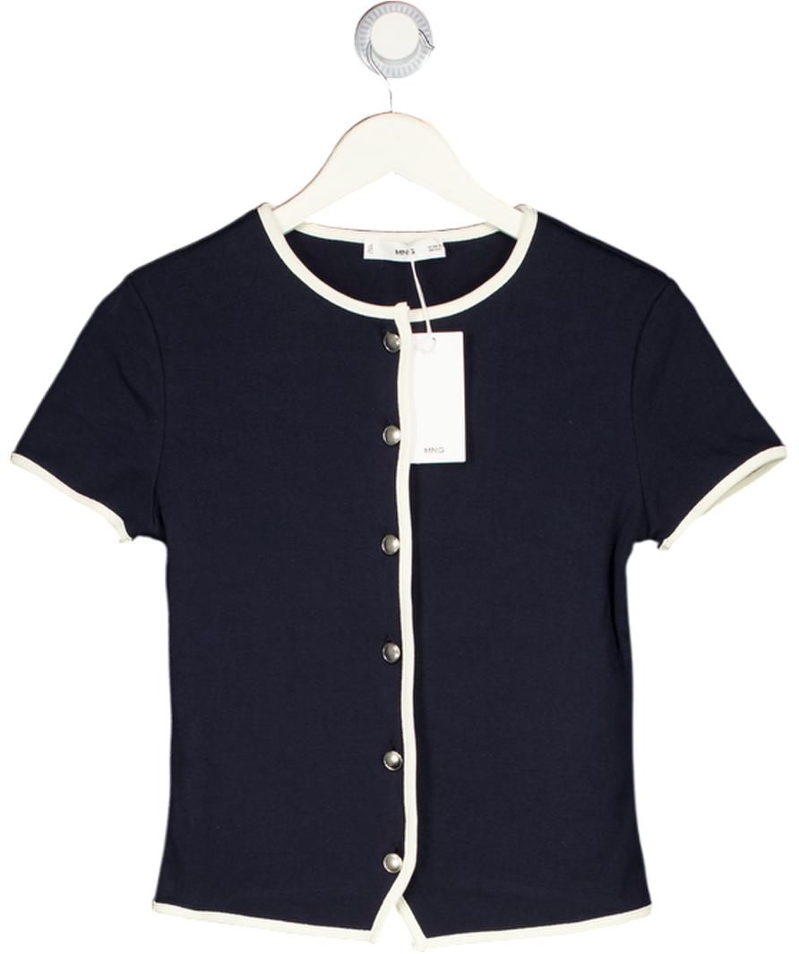 MANGO Navy Blue Buttoned Cotton T-shirt UK XS