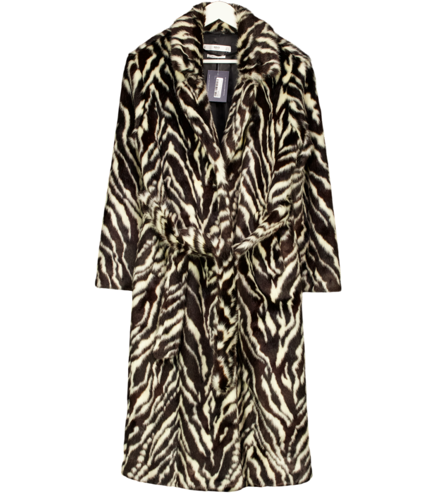 MANGO Chocolate Brown & Cream Animal Print Belted Faux Fur Coat UK S