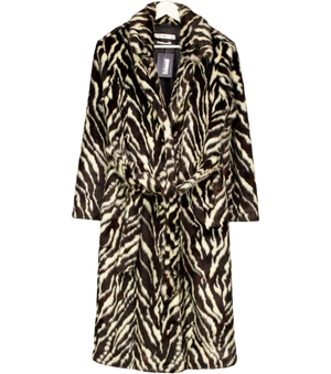 MANGO Chocolate Brown & Cream Animal Print Belted Faux Fur Coat UK S
