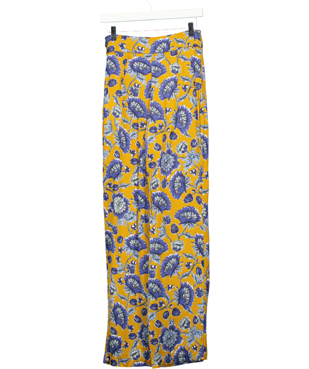 Sezane Mustard &  Blue Floral Satin Straight Leg Trousers Fr36 UK 8