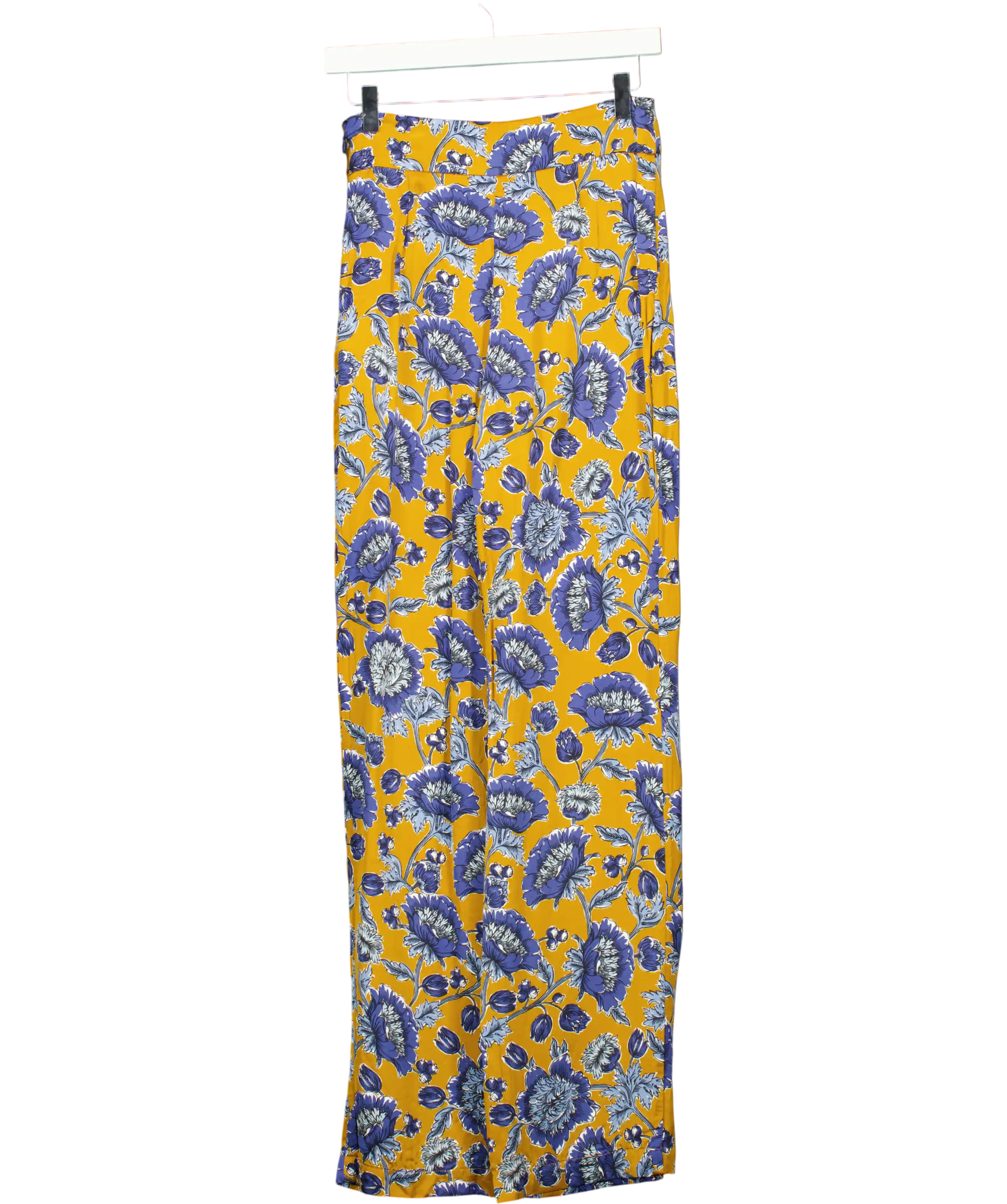 Sezane Mustard &  Blue Floral Satin Straight Leg Trousers Fr36 UK 8