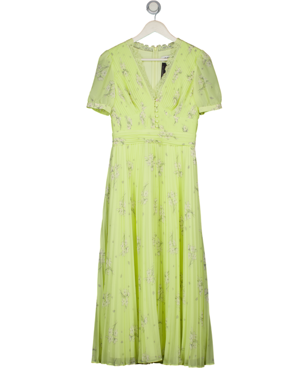 SELF PORTRAIT Yellow Lace-trimmed Pleated Floral Midi Dress UK 8