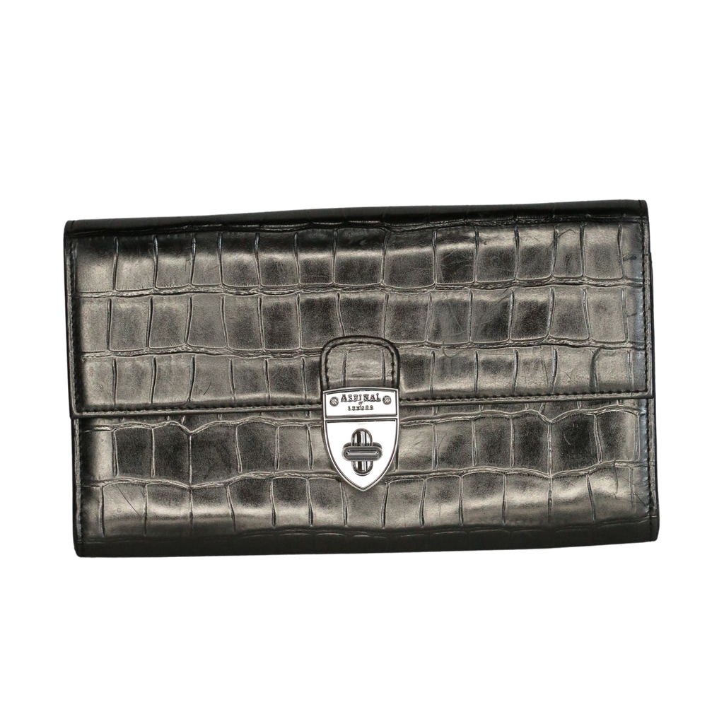 Aspinal Of London Metallic Gunmetal Croc Embossed Leather Clutch Bag