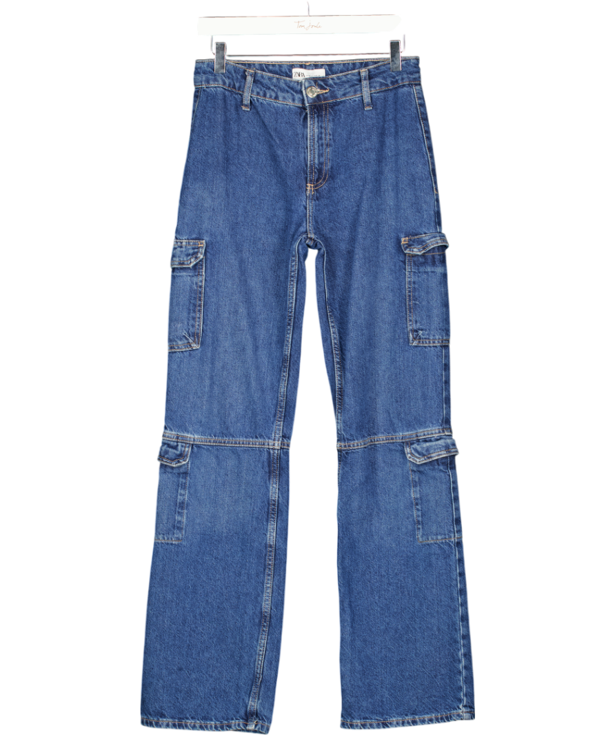 ZARA Blue Denim Straight Leg Cargo Jeans UK 6