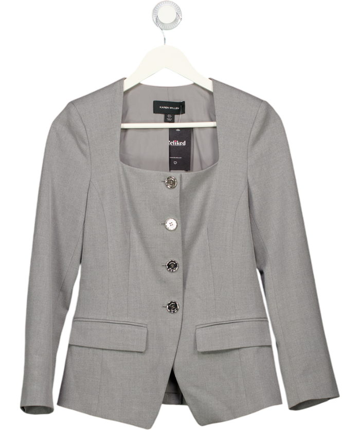 KAREN MILLEN Grey Tailored Marl Belted Square Neck Blazer UK 6