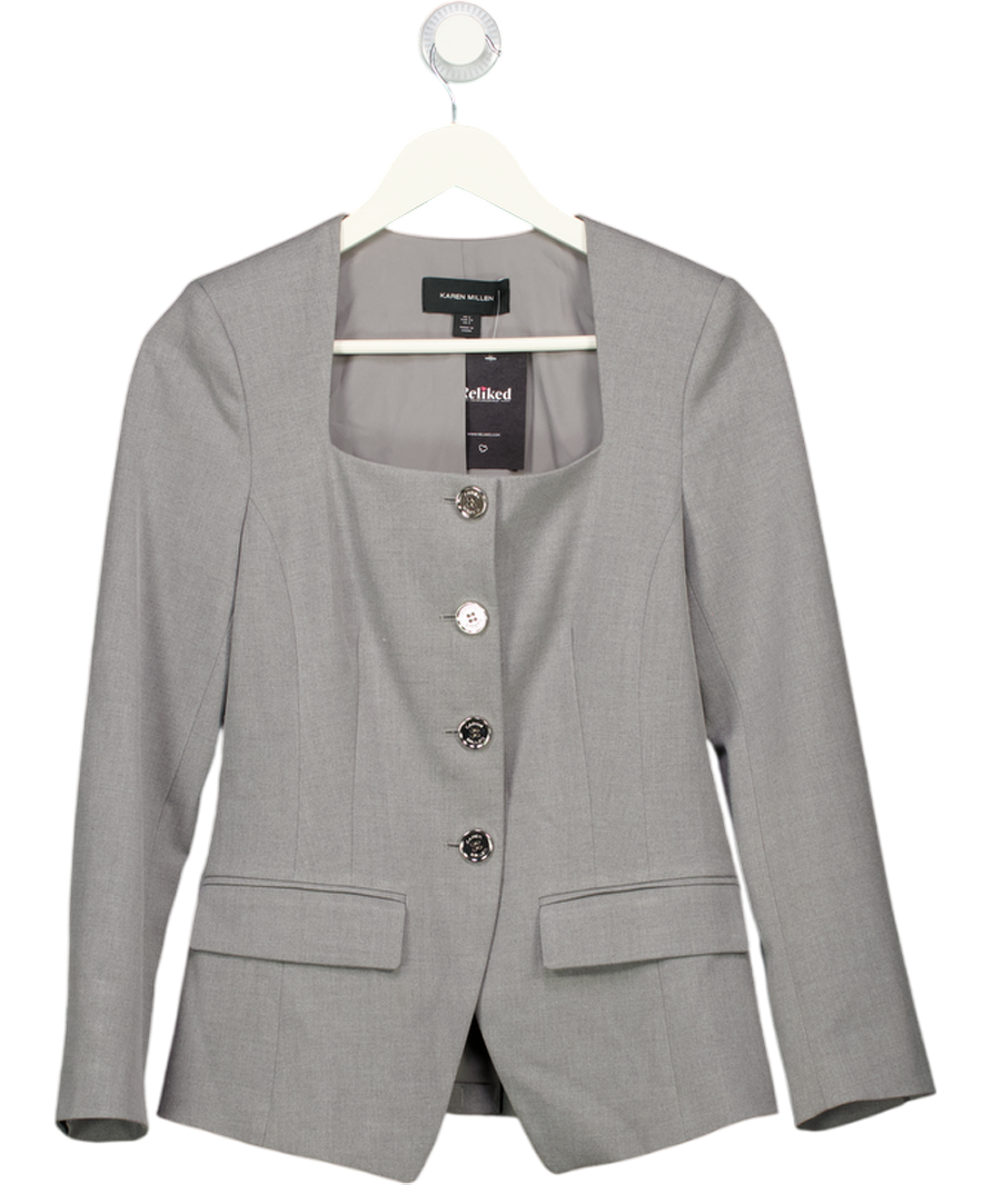 KAREN MILLEN Grey Tailored Marl Belted Square Neck Blazer UK 6