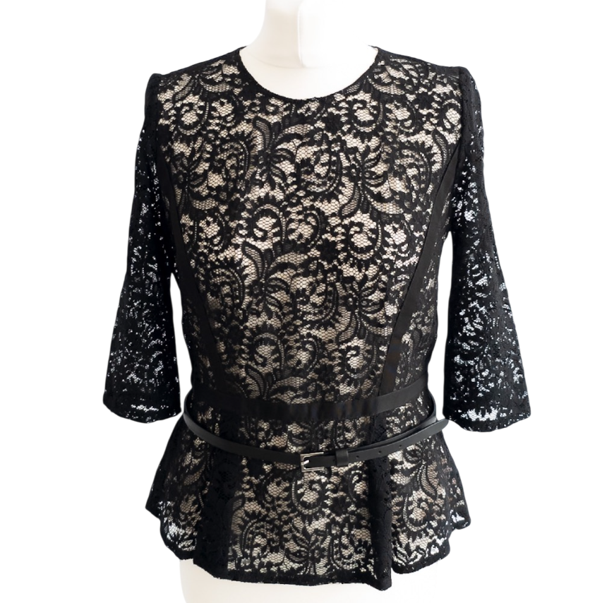 Gerard Darel Black Long Sleeved Lace Peplum Top UK 12
