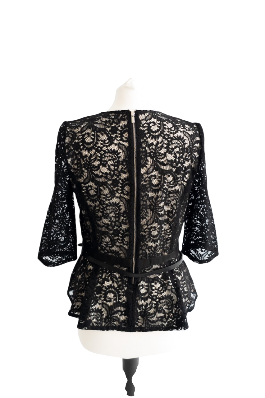 Gerard Darel Black Long Sleeved Lace Peplum Top UK 12