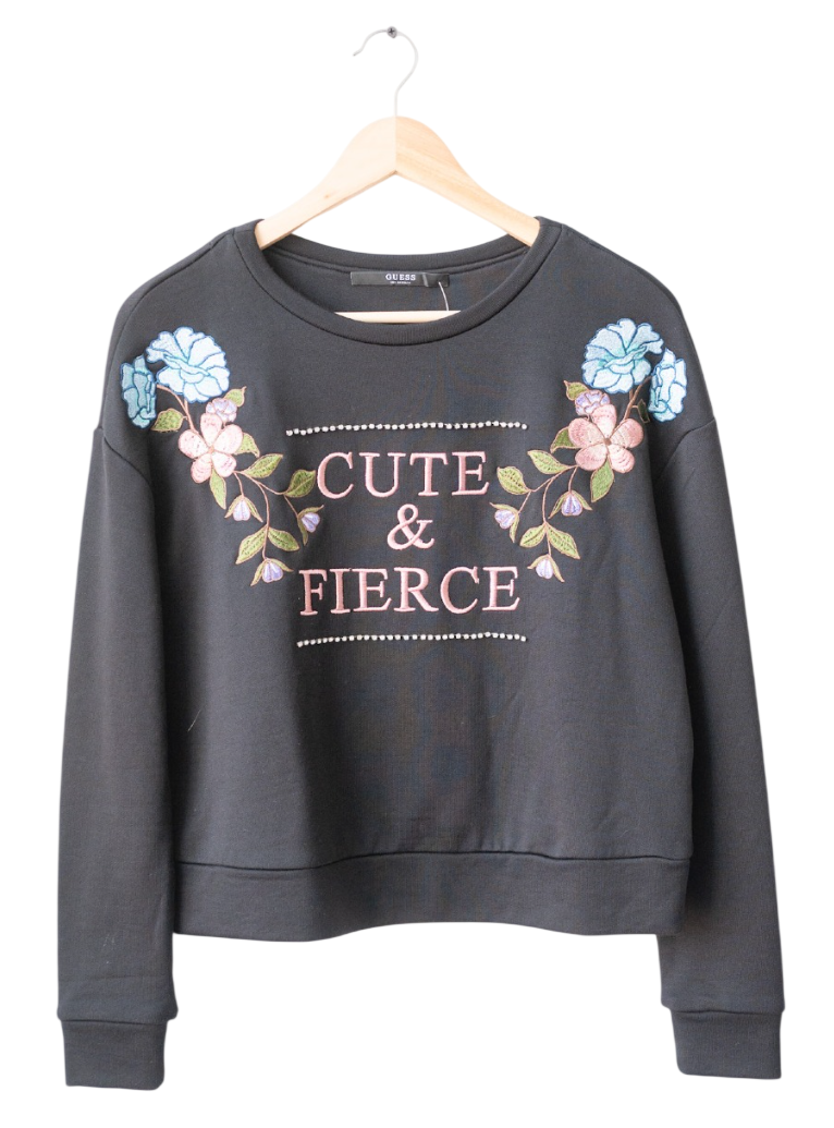 Guess Black Floral Embroidered "Cute & Fierce" Sweatshirt UK XS