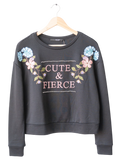 Guess Black Floral Embroidered "Cute & Fierce" Sweatshirt UK XS