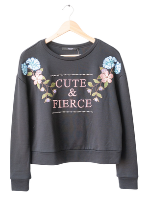 Guess Black Floral Embroidered "Cute & Fierce" Sweatshirt UK XS