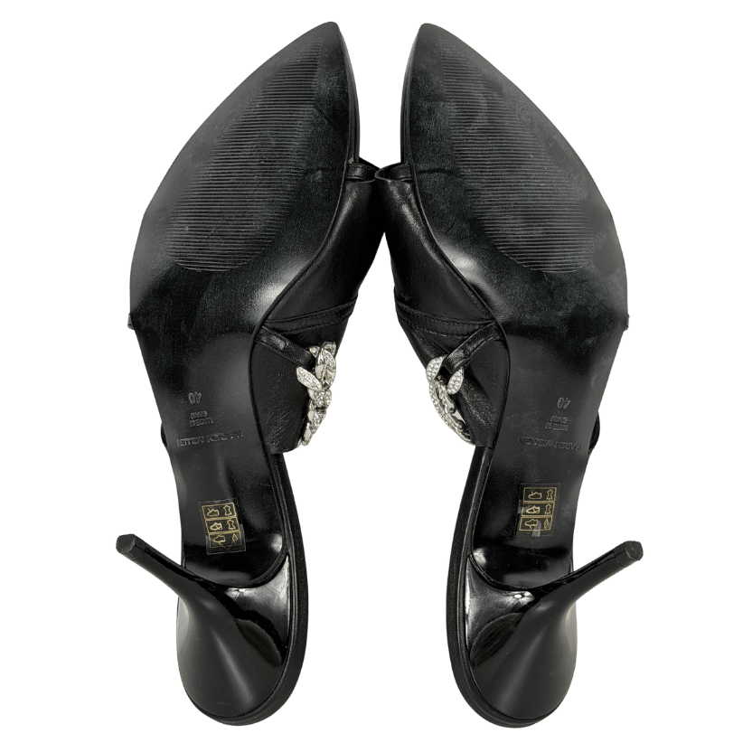 KAREN MILLEN Black Ruffle Leather Chain Detail Pointed Toe Mules UK 7 EU 40