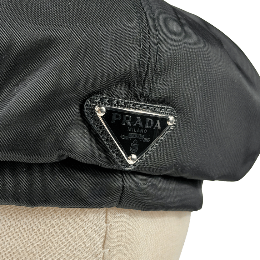 PRADA Black Re-nylon Newsboy Cap With Iconic Triangle Logo Plaque UK S