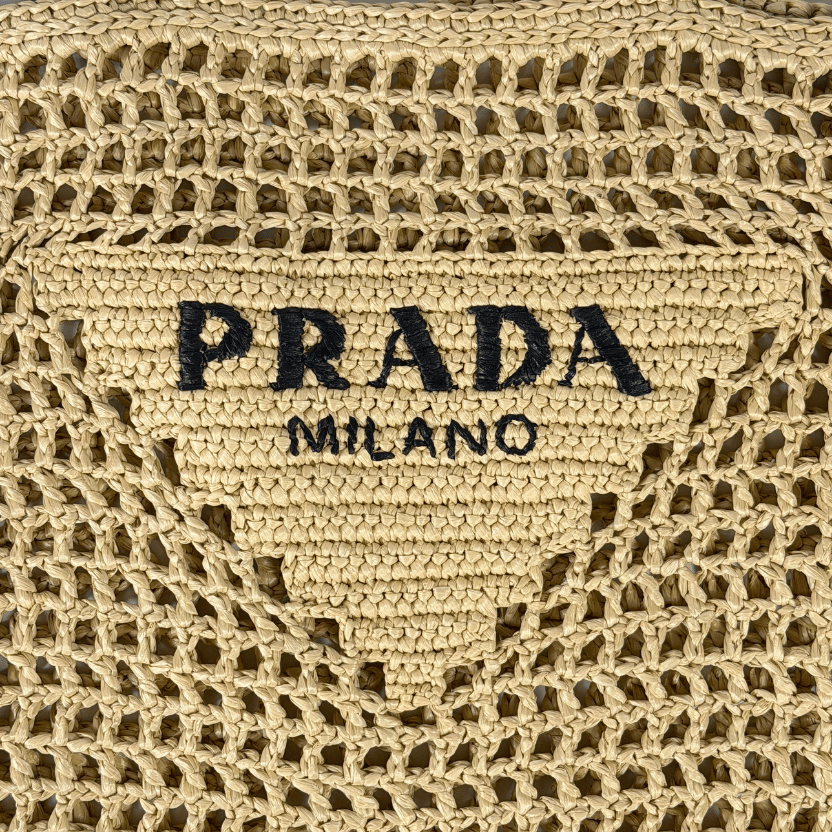 PRADA Beige Small Logo Raffia Tote Bag