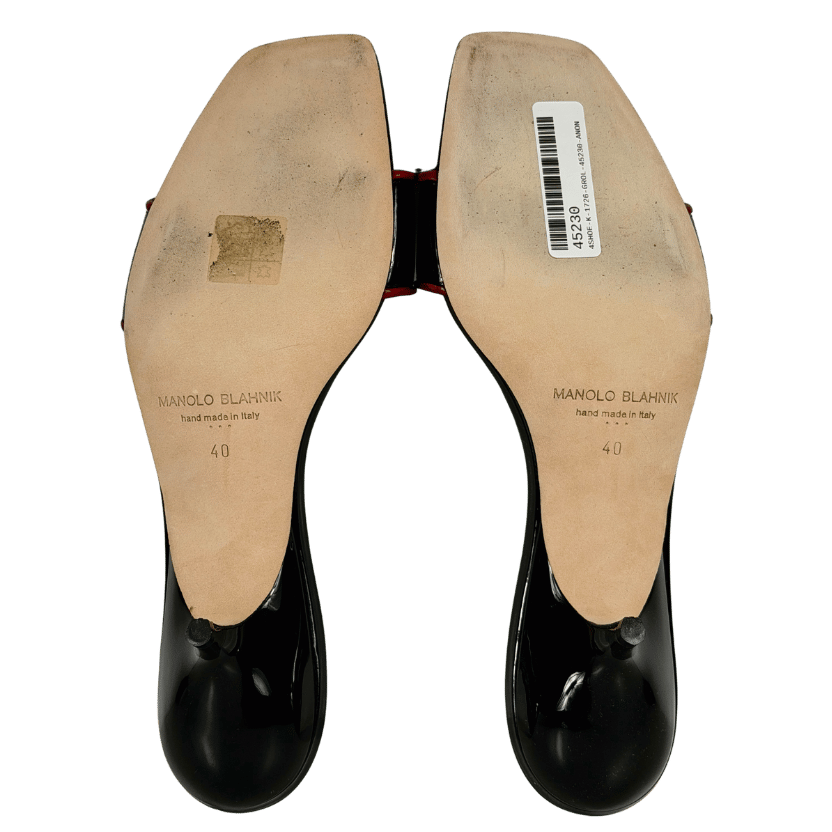MANOLO BLAHNIK Hemalmu Black Patent Leather 50 Mid Kitten Heel Mules UK 7 EU 40 👠