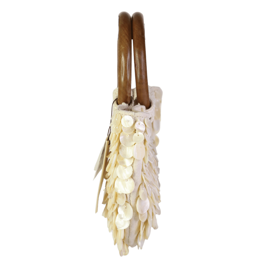 ZARA Cream Crteam Shell Embellished Bag With Wooden Handles And Gold Chain Strap One Size