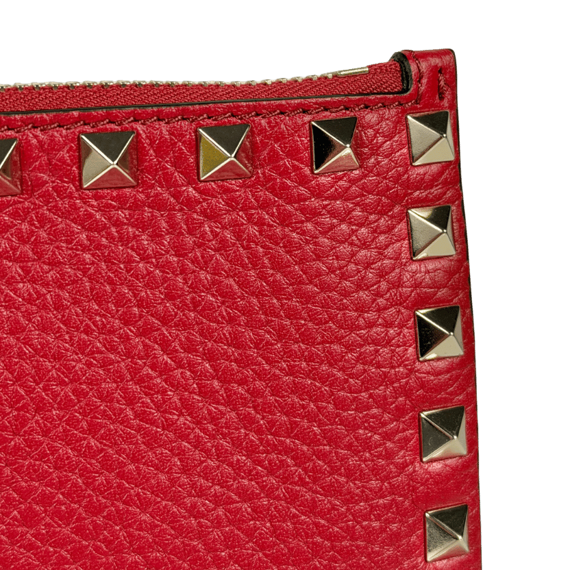 VALENTINO GARAVANI Large Grained Leather Rockstud Zip Pouch Clutch Bag - Red / Gold