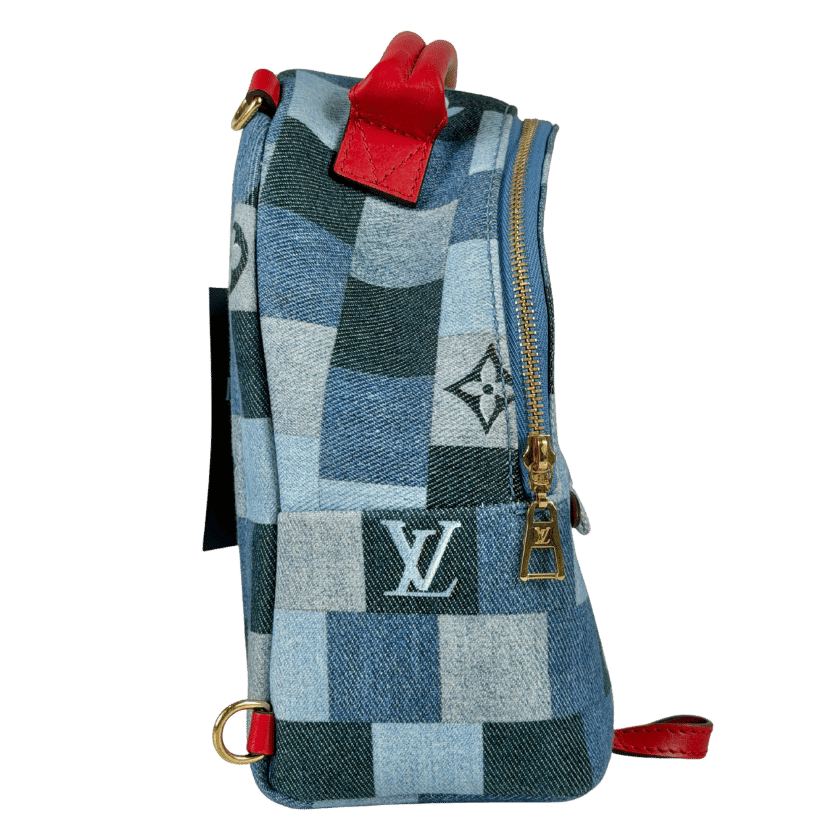 LOUIS VUITTON Denim Damier Monogram Patchwork Palm Springs Backpack Mini Blue Rouge - RARE