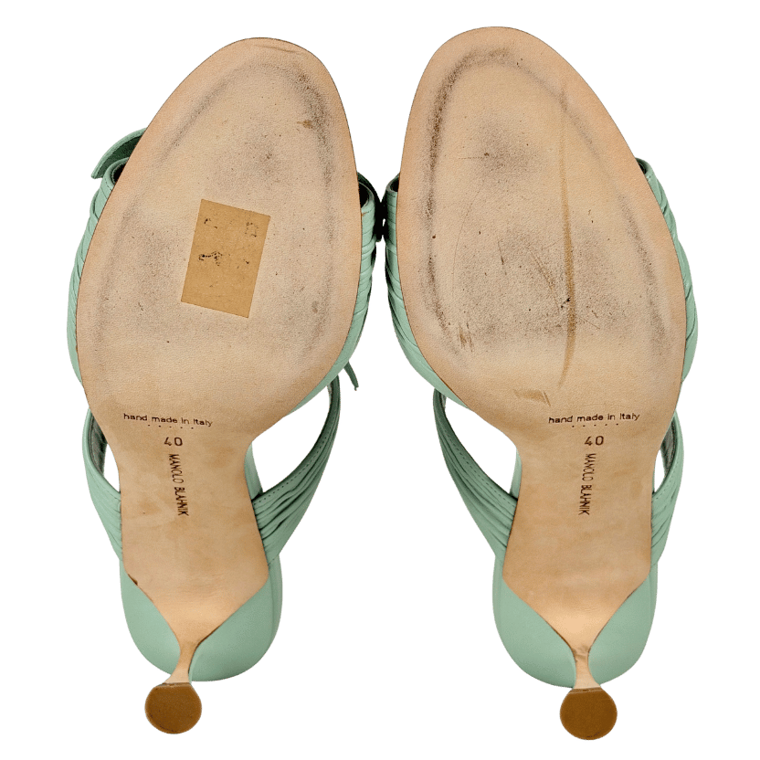 MANOLO BLAHNIK Mint Green Leather Lollo 70 Knot Mule Heels UK 7 EU 40