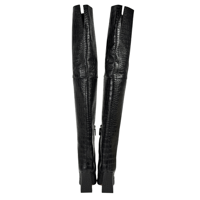 AMINA MUADDII Black Leather Croc Embossed Over-the Knee Boots UK 5 EU 38