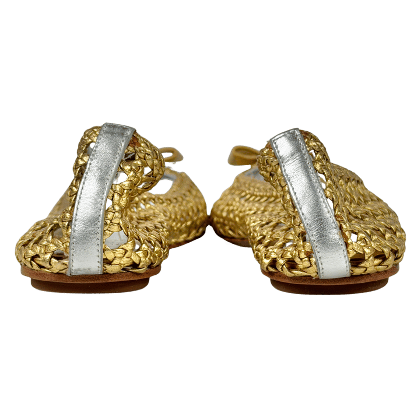 TORY BURCH Metallic Gold/silver Carlyle Woven Leather Bow Logo Ballet Flat Shoes UK 8