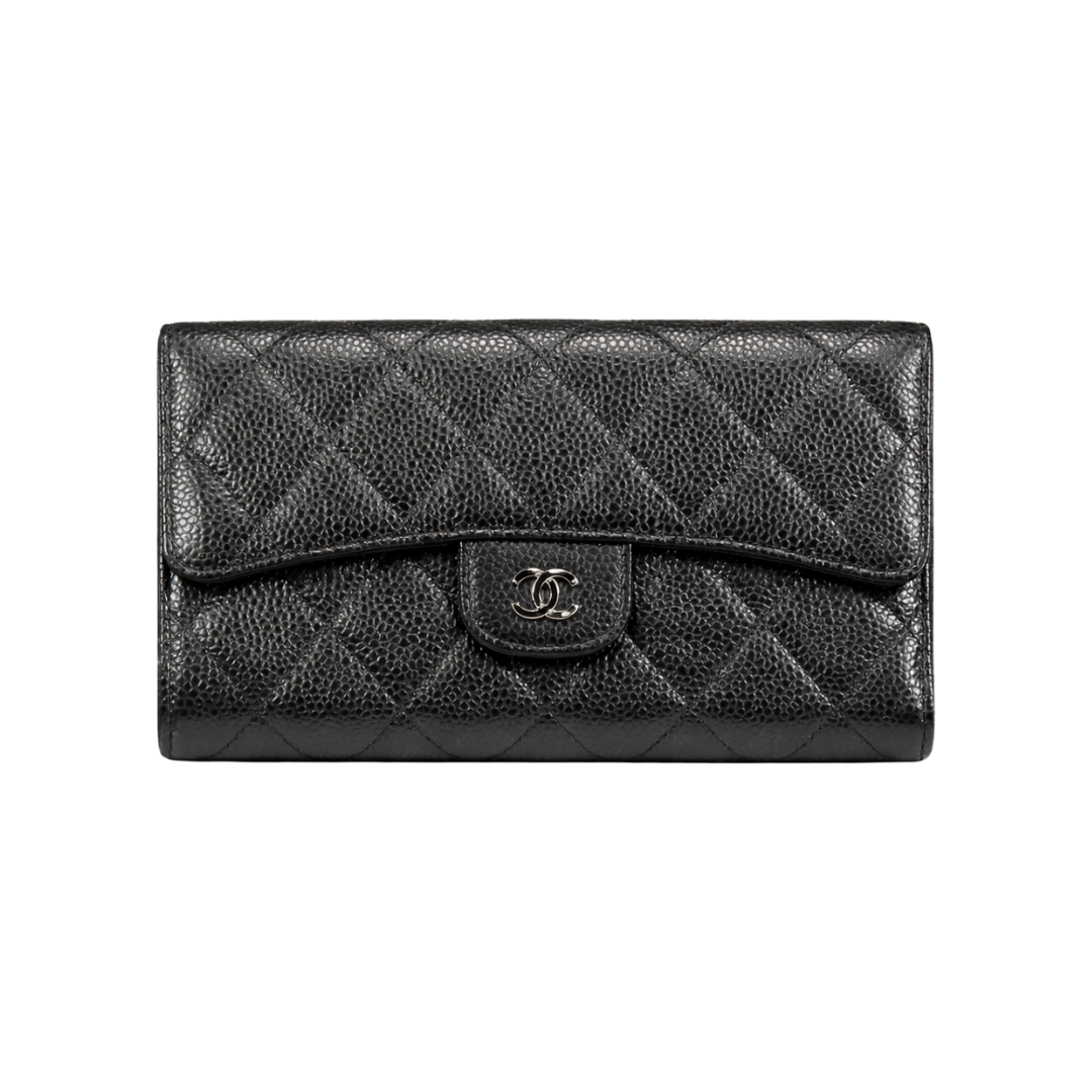 CHANEL Classic Long Flap Wallet in Black Caviar Leather with Silver Hardware
