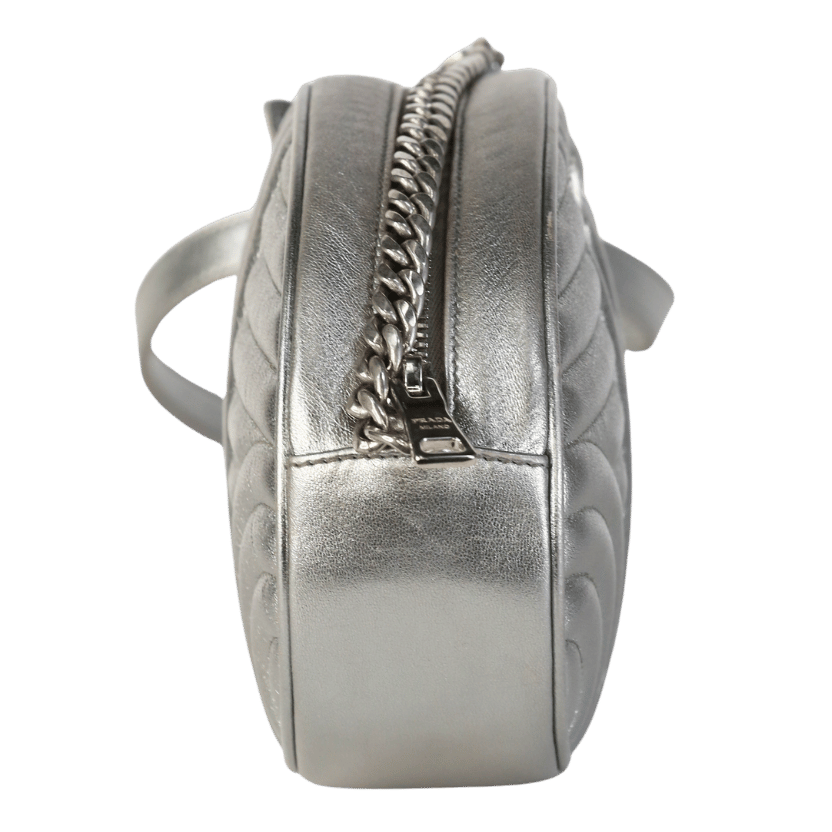 Prada Metallic Silver Diagramme Quilted Oval Crossbody Bag