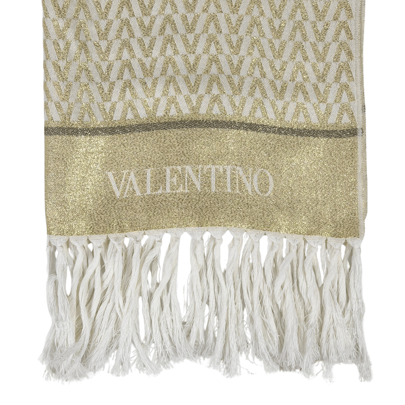 VALENTINO Cream /gold Monogram Lurex Jacquard Fringed Scarf