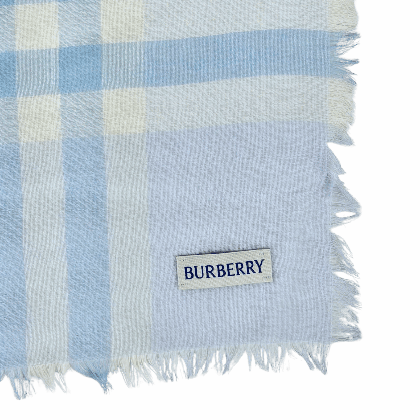 Burberry Blue 100% Wool Check Fringed Scarf