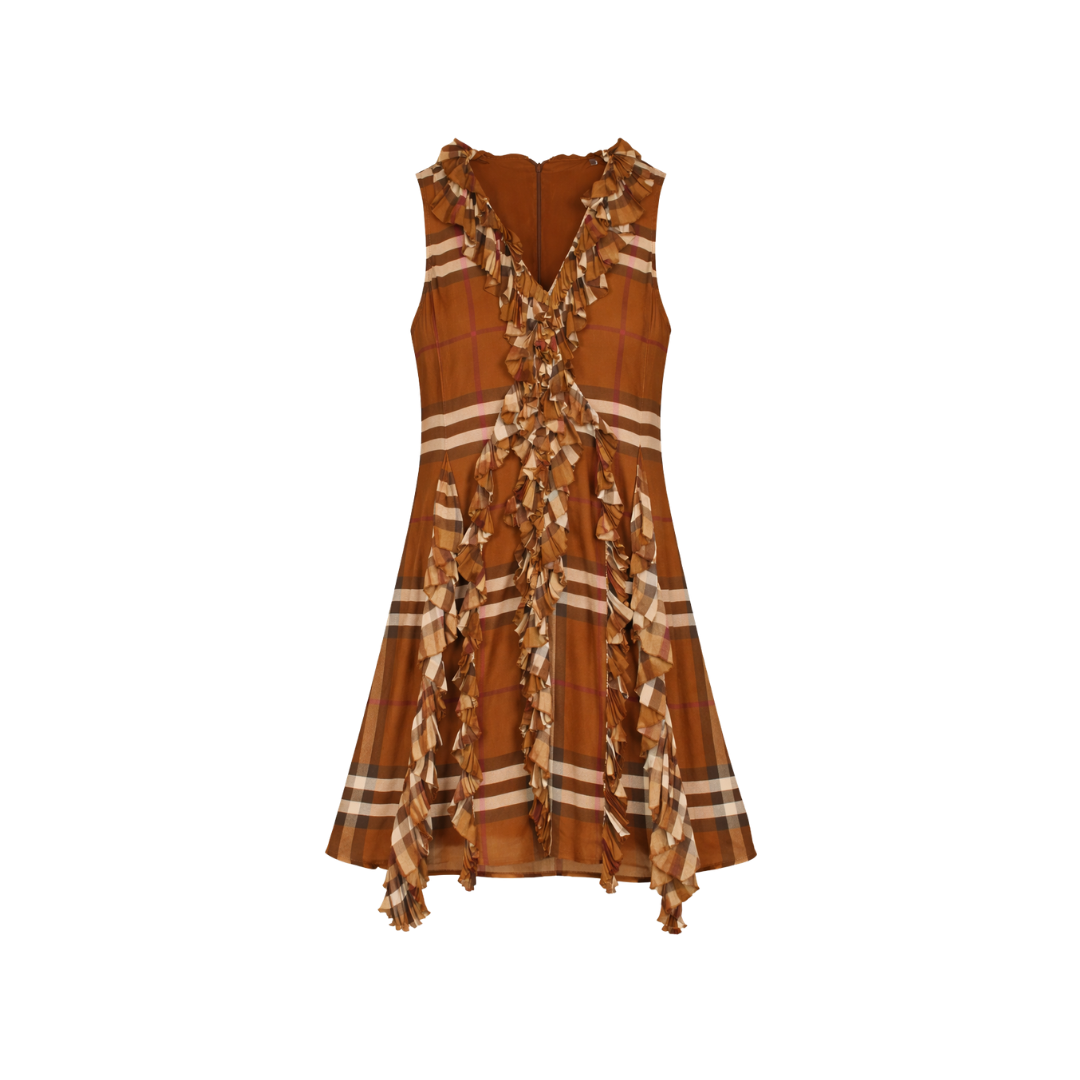 Burberry Brown Pleated Ruffle Detail Check Silk Georgette Dress UK 10