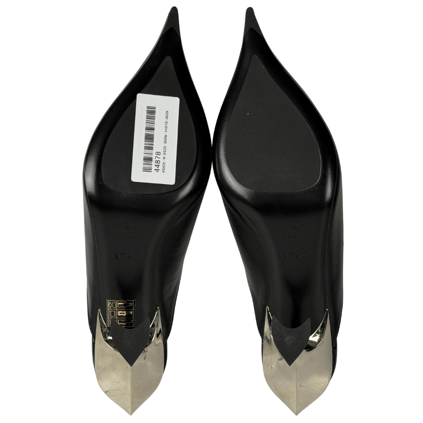 MUGLER Black Leather Fang 55 Sculptural Kitten Heel Mules UK 4 EU 37 👠