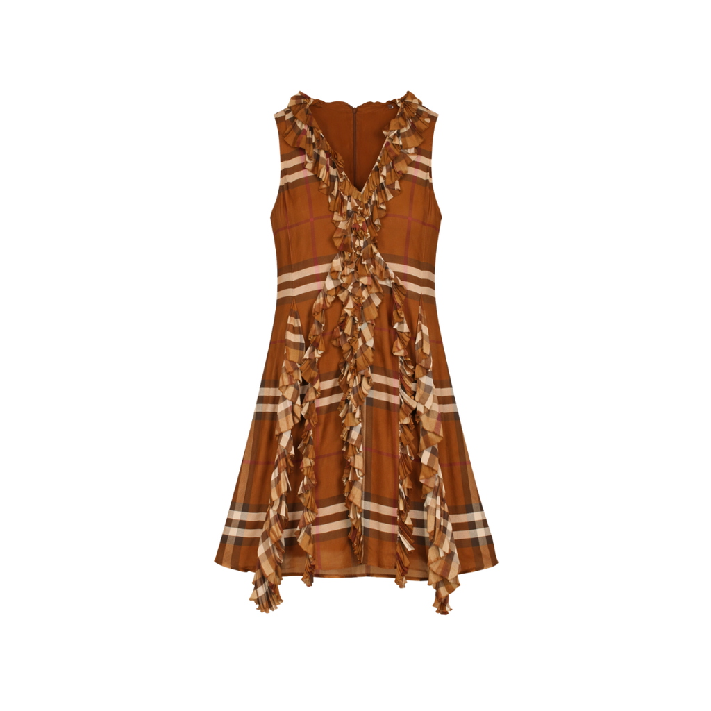 Burberry Brown Pleated Ruffle Detail Check Silk Georgette Dress UK 10