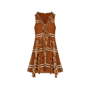 Burberry Brown Pleated Ruffle Detail Check Silk Georgette Dress UK 10