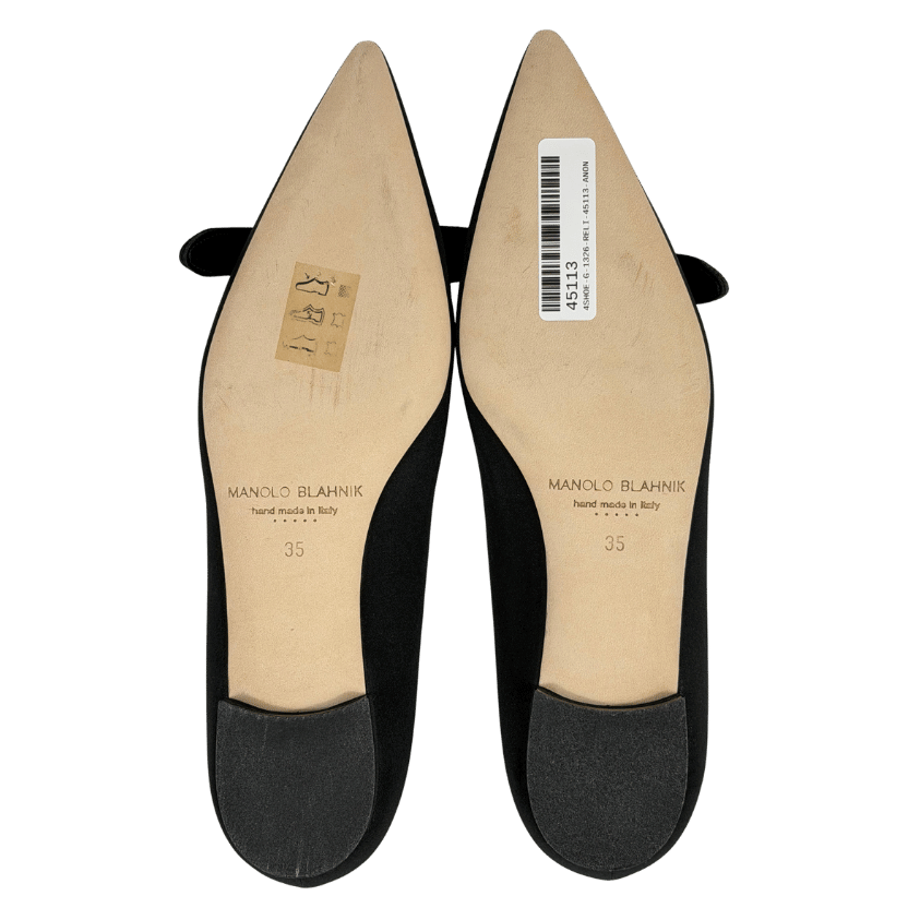 MANOLO BLAHNIK Black Pairo Silk Bow Detail Pointed Ballet Flats UK 2 EU 35 👠
