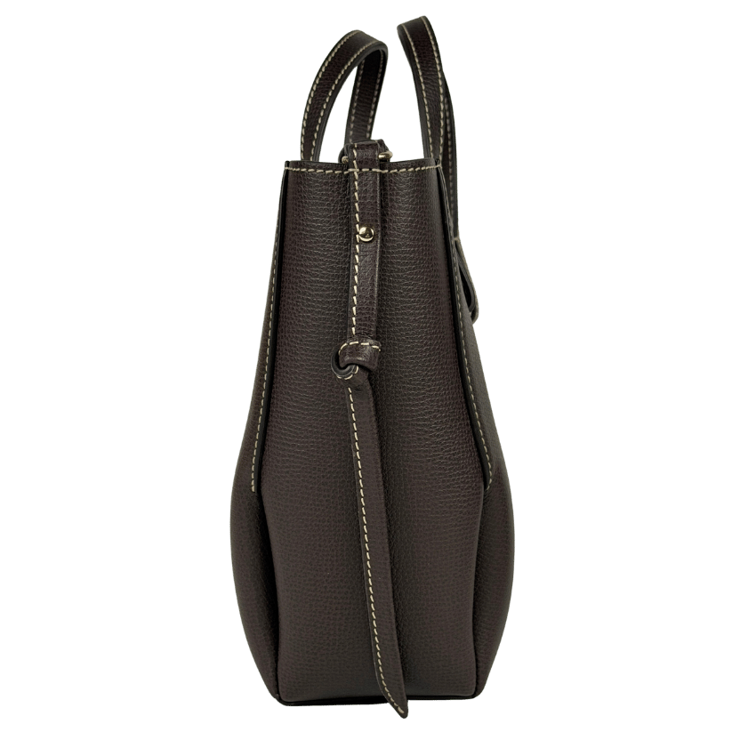 POLENE Dark Brown Textured Leather Cyme Nano Tote With Crossbody Strap
