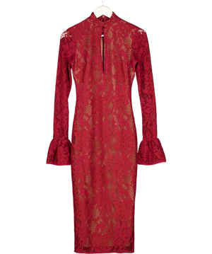 HOUSE OF CB Berry Red Lace Midi Dress UK S
