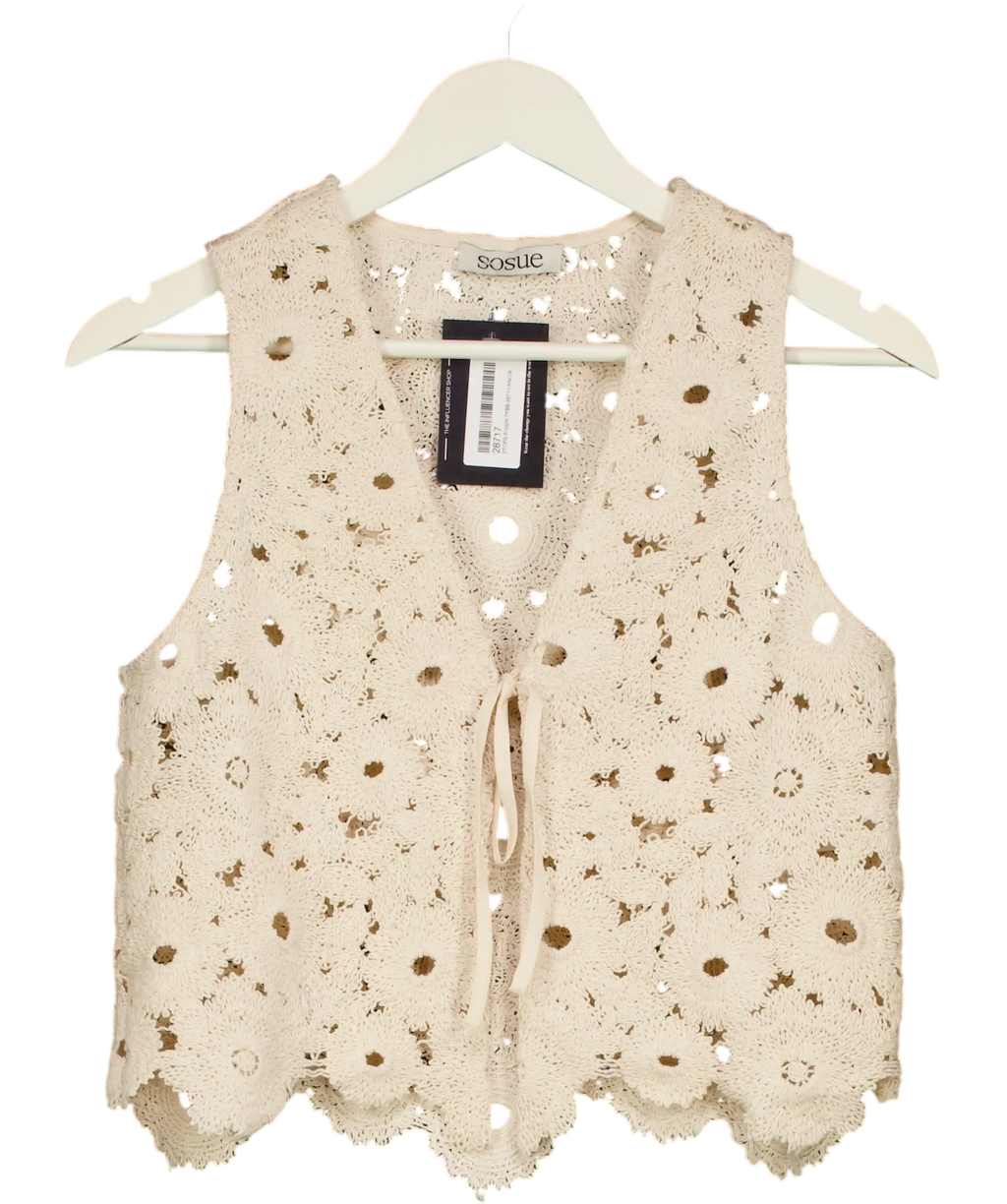 SOSUE Cream Ibiza Cotton Crochet Knit Tie Front Waistcoat Top UK S