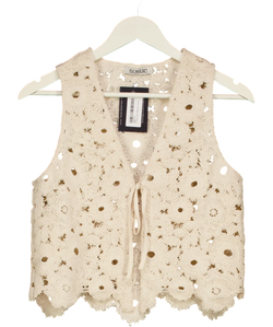 SOSUE Cream Ibiza Cotton Crochet Knit Tie Front Waistcoat Top UK S