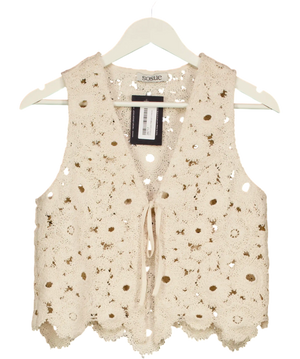 SOSUE Cream Ibiza Cotton Crochet Knit Tie Front Waistcoat Top UK S