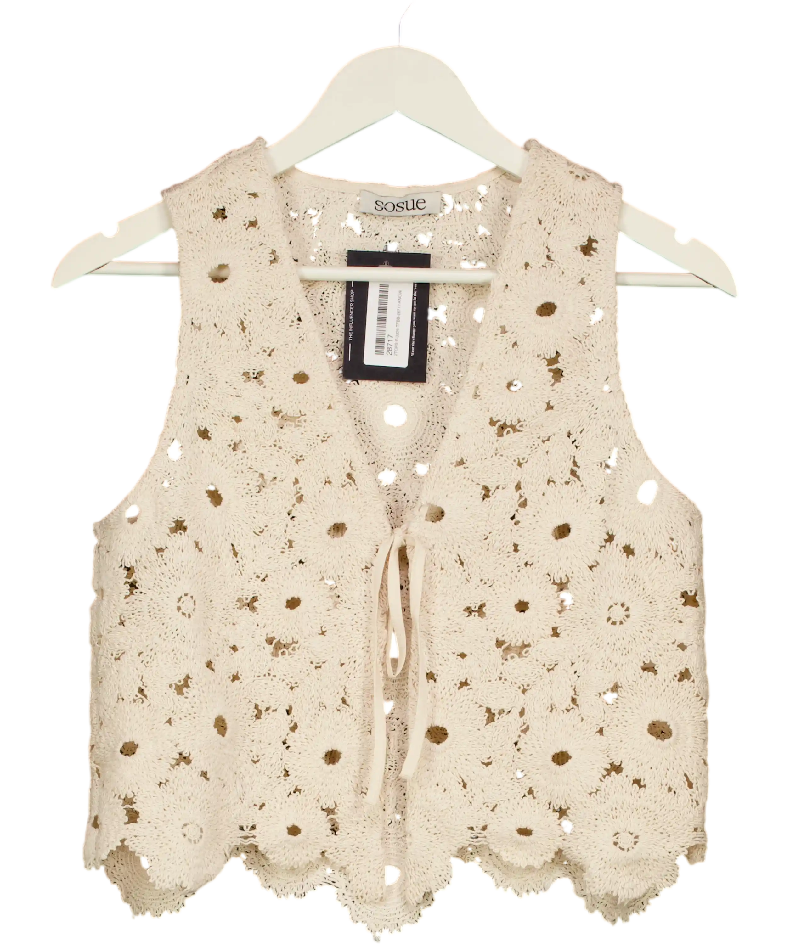 SOSUE Cream Ibiza Cotton Crochet Knit Tie Front Waistcoat Top UK S