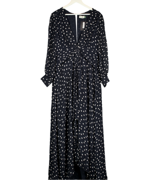 RIXO Meera Chiffon Bohemia Spot Deep Navy Blue Maxi Dress UK 16