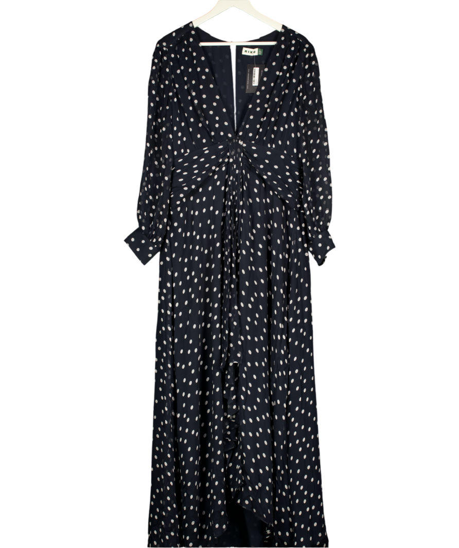 RIXO Meera Chiffon Bohemia Spot Deep Navy Blue Maxi Dress UK 16