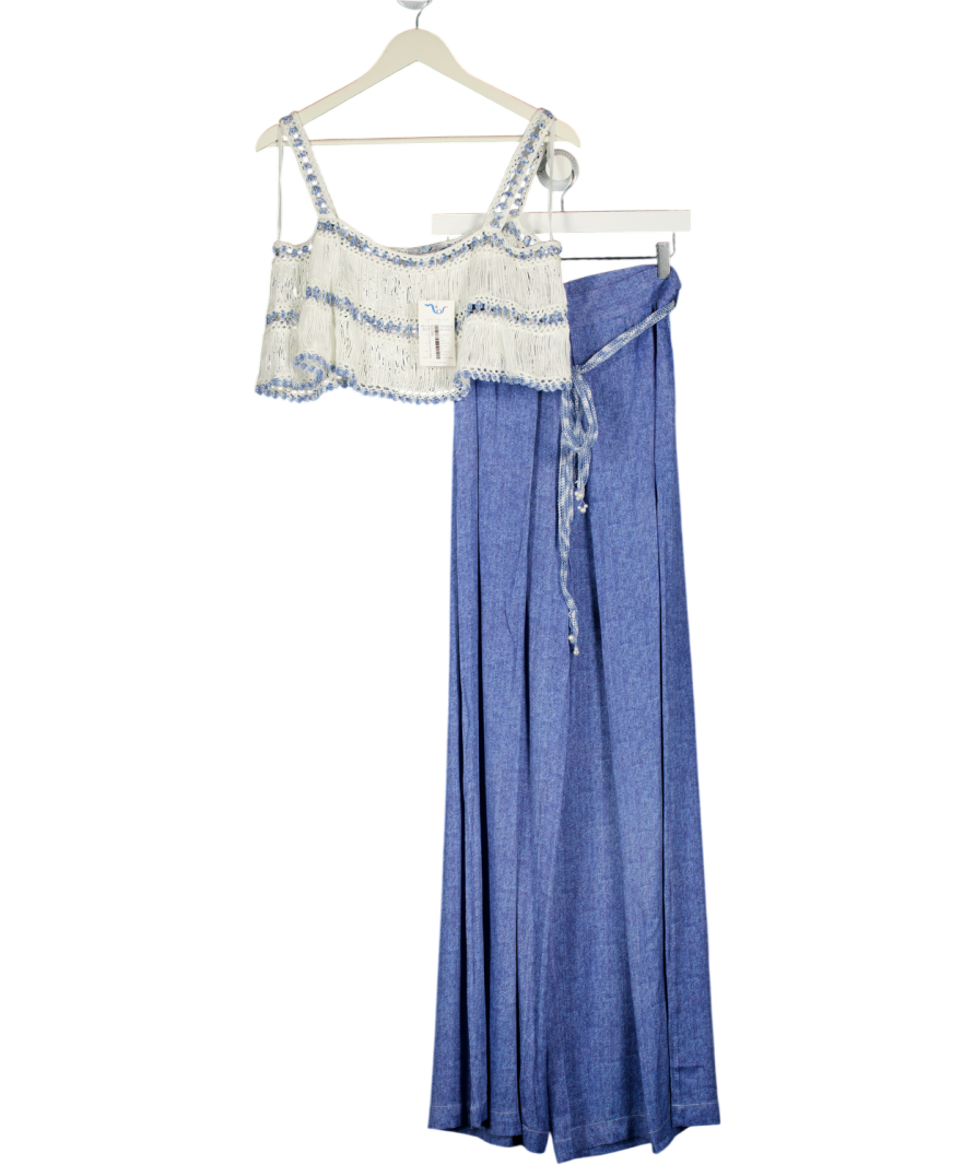 MY BEACHY SIDE Blue 2-piece Crochet Top And Wide Leg Trouser Set UK M