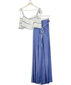 MY BEACHY SIDE Blue 2-piece Crochet Top And Wide Leg Trouser Set UK M
